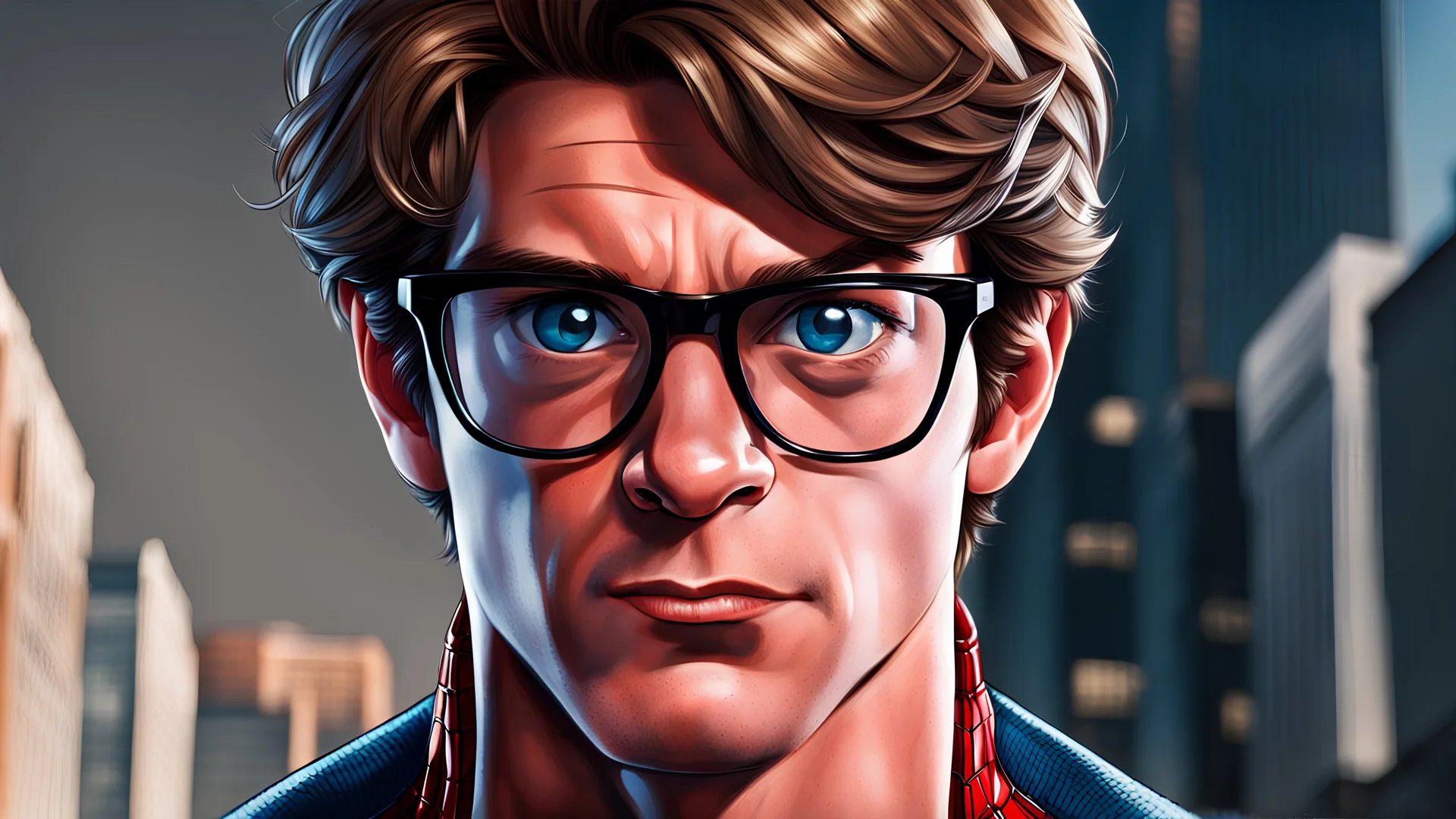 spider-man, half face human, face with glasses, half mask