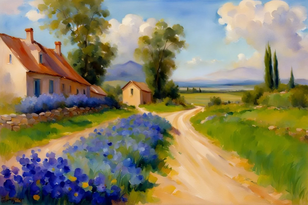 Sunny day, clouds, dirt road, flowers, mountains, houses, trees, john singer sargent watercolor paintings