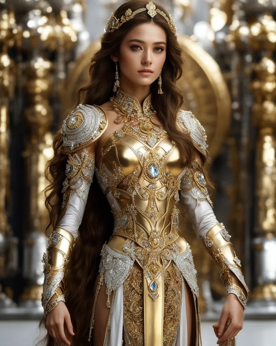 Photography,girl,full body,standing looking front view,brown long hair, long gown dress mechanical,delicate gold and full diamonds colors crystal jewelrys,silver metalic parts, golden parts, intricate armor, detailed part,Movie Still