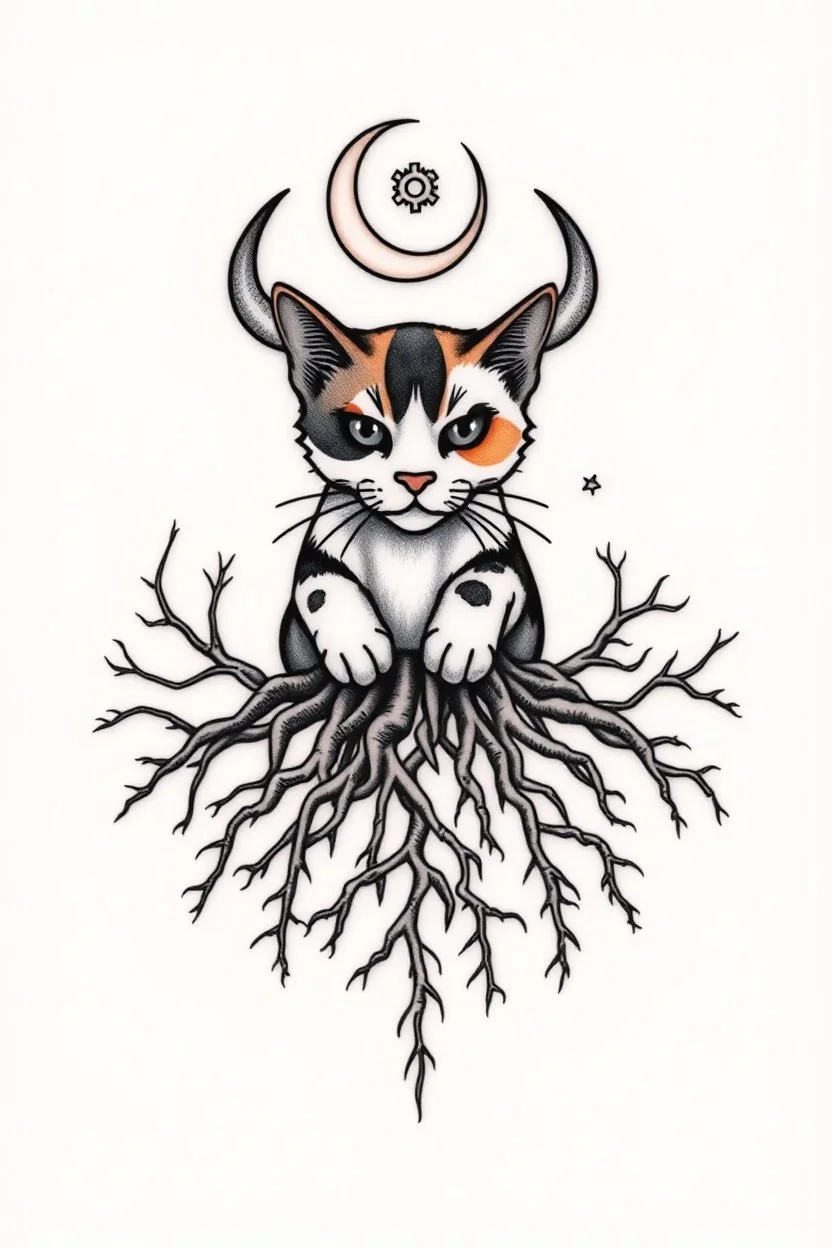 Design feminine tattoo: The centerpiece of the tattoo is a calico cat. From the paws, deep roots twist into the ground, sprawling outwards. The roots look as though they're entangled with the earth itself, symbolizing Taurus' deep connection to the planet. as a backdrop, include elements of gears A crescent moon or starry sky above the bull