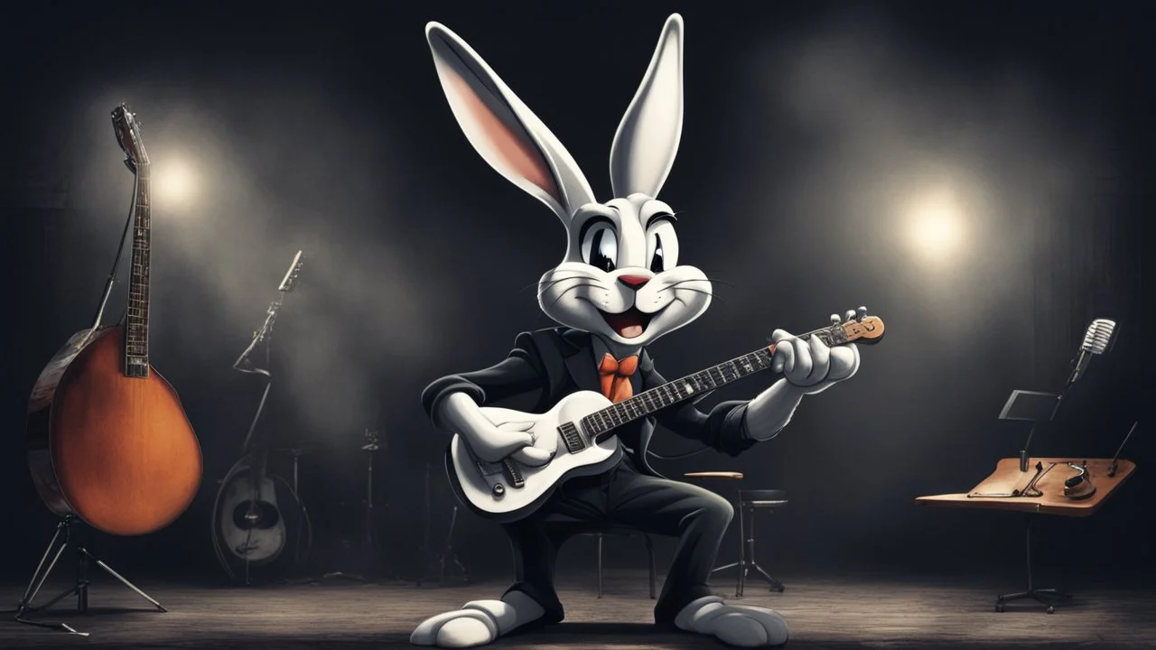 dark melancholic Bugs bunny deppressed doing music rock and roll dark heavy metal on a scene alcoholic, ciggaretes