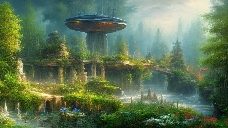 Many Spaceliners Docked At A Huge Busy Spaceportt set into The Side Of A Huge Cliff covered in plants and trees, Star Wars, Star Trek