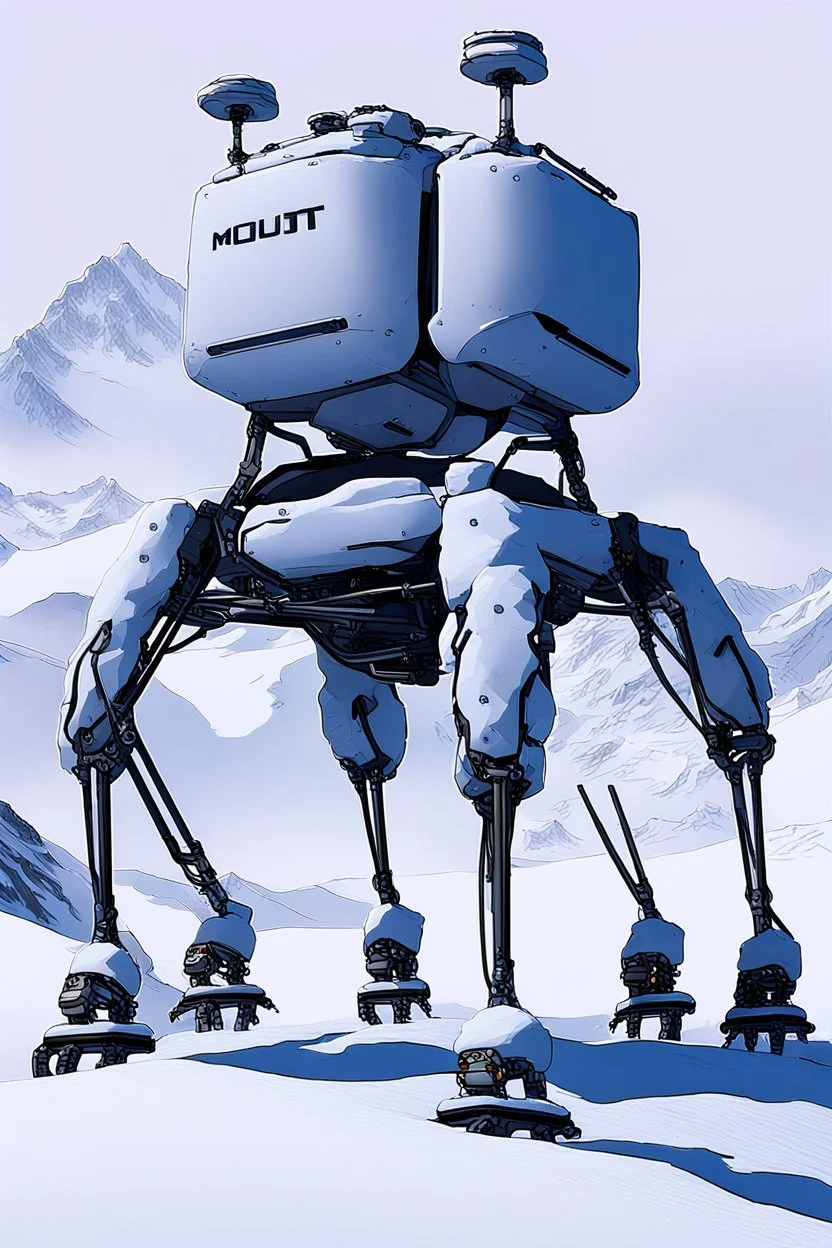 a sleek mechanical walker with eight legs scaling a very steep snow covered side of mout everest at night, it has a smooth surface, it has storage pods on its belly and humans can fit in the pods