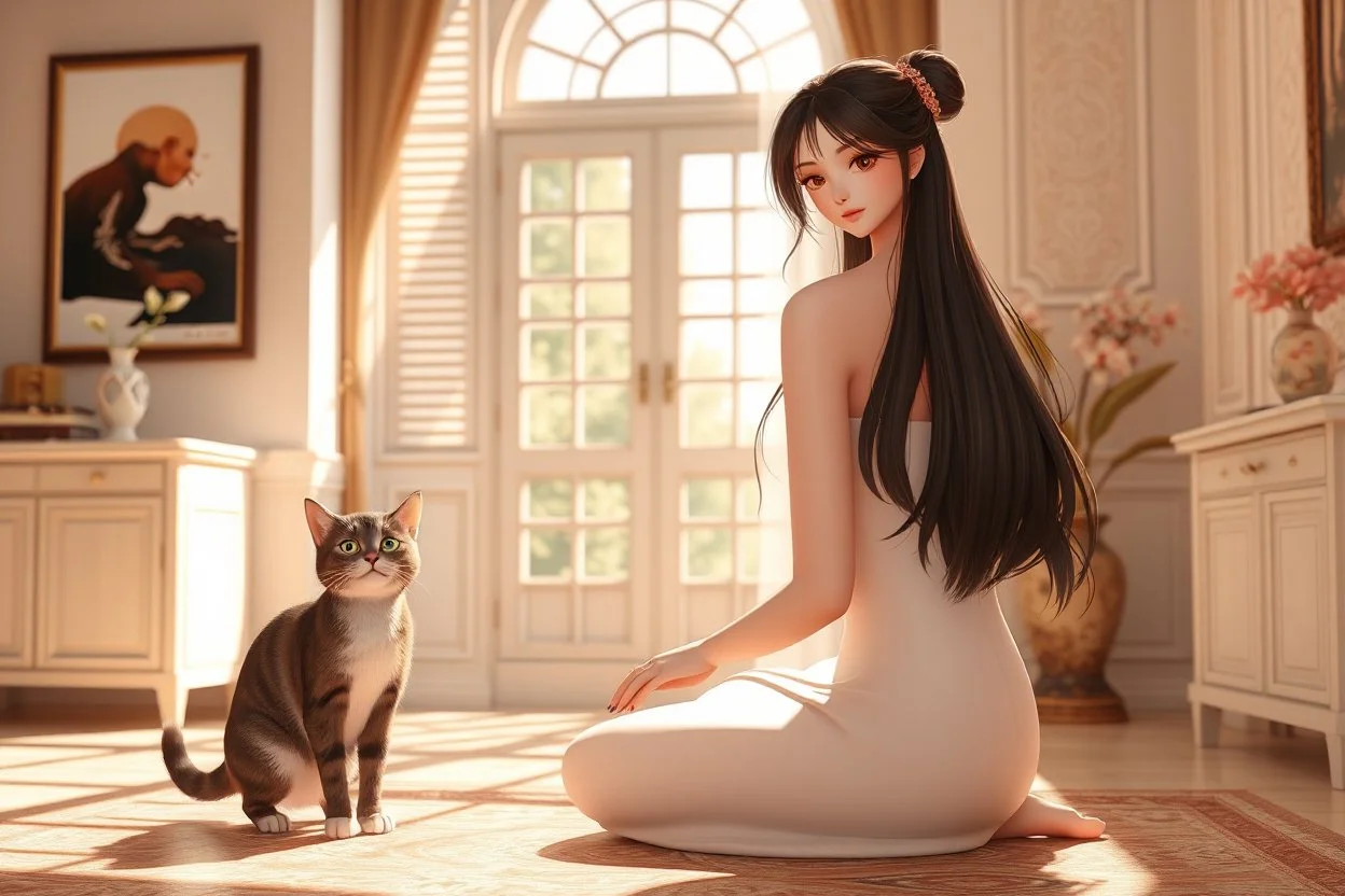 3D characters, an elegant pretty young woman in an elegant beige-white-brown room S<AI in sunshine, cute tabby cat