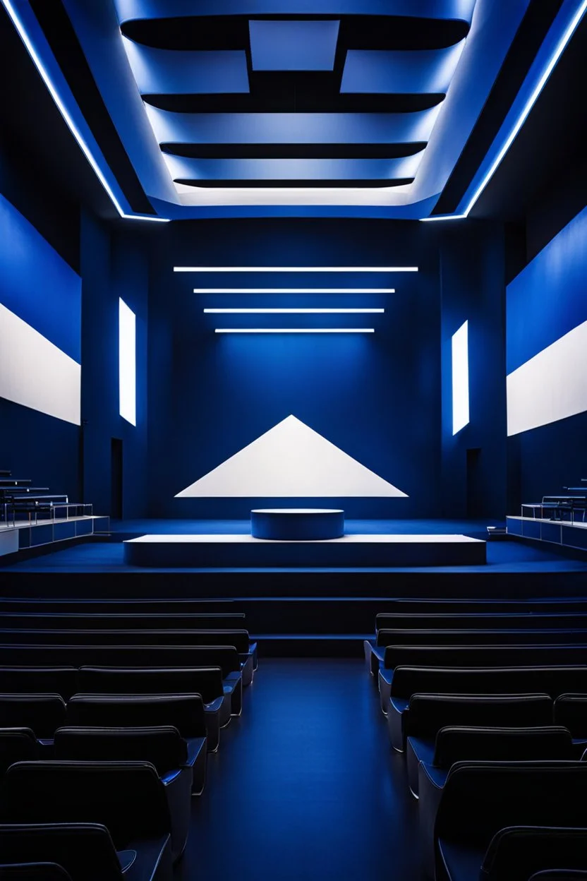 liminal space, blue and white, retrofuturism, empty stage