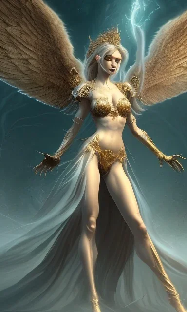 Female angel with beautiful perfect face big wings and golden crown floating above the ground in the dark enviroment, anatomically correct, michelangelo style, detailed, world of warcraft style, dark forest, trees, painting, brush strokes, 8k, dark forest in the background, epic scene, epic painting