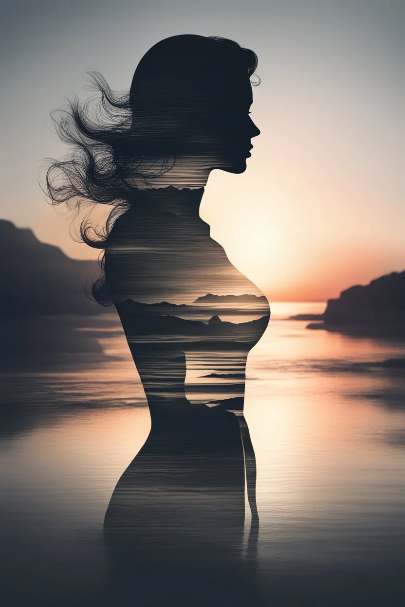 high quality, 8K Ultra HD, A beautiful double exposure that combines an goddess silhouette with sunset coast, sunset coast should serve as the underlying backdrop, with its details incorporated into the goddess , crisp lines, The background is monochrome, sharp focus, double exposure, by yukisakura, awesome full color,