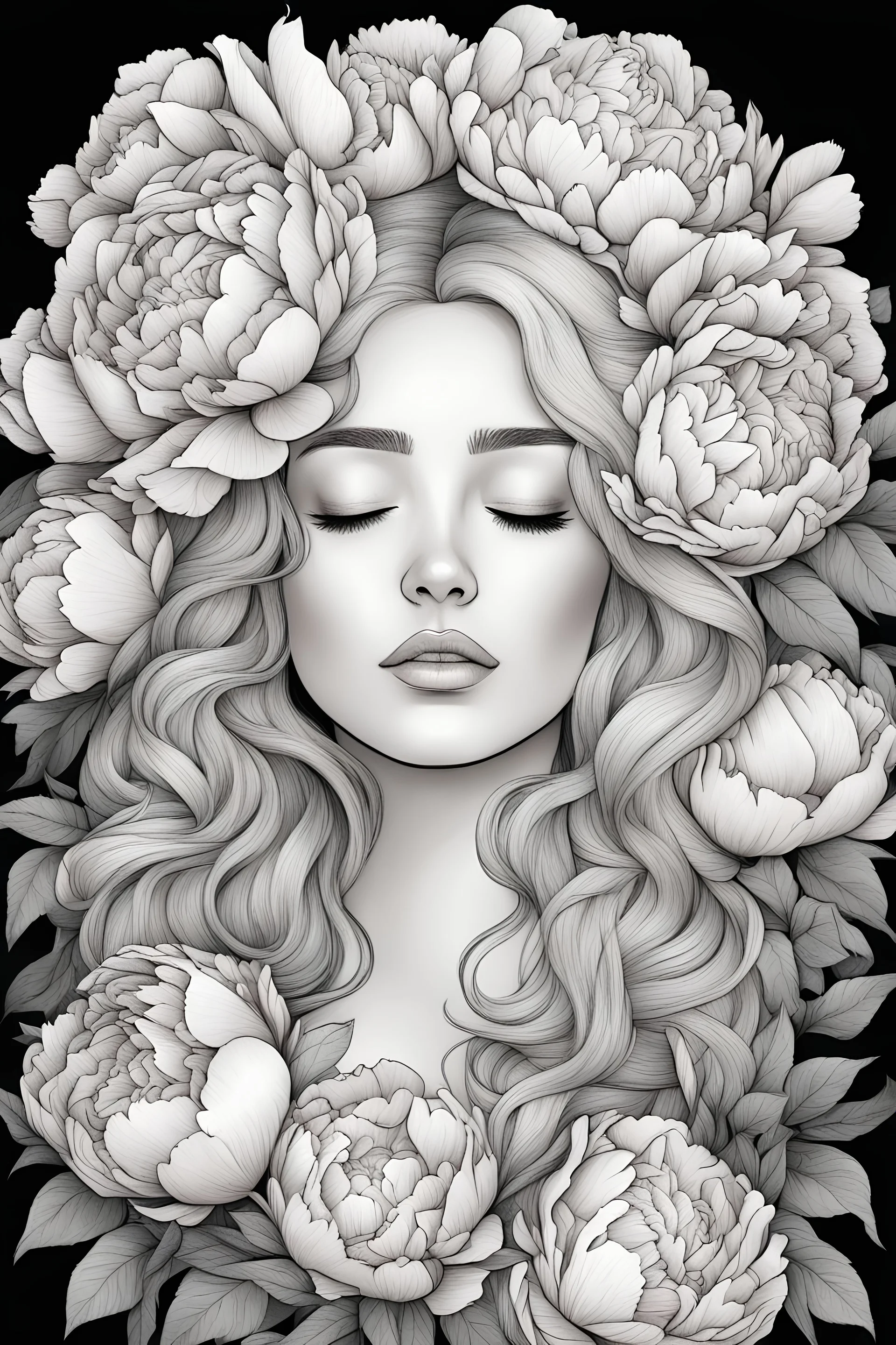 young woman, coloring page of a beautiful bouquet of peonies all around her face, her eyes are closed and dreaming peacefully, only her face shows, her face covered by the bouquet of peonies, use black outline with a black background, clear outline, no shadows, sketch colors, 4k, blond hair