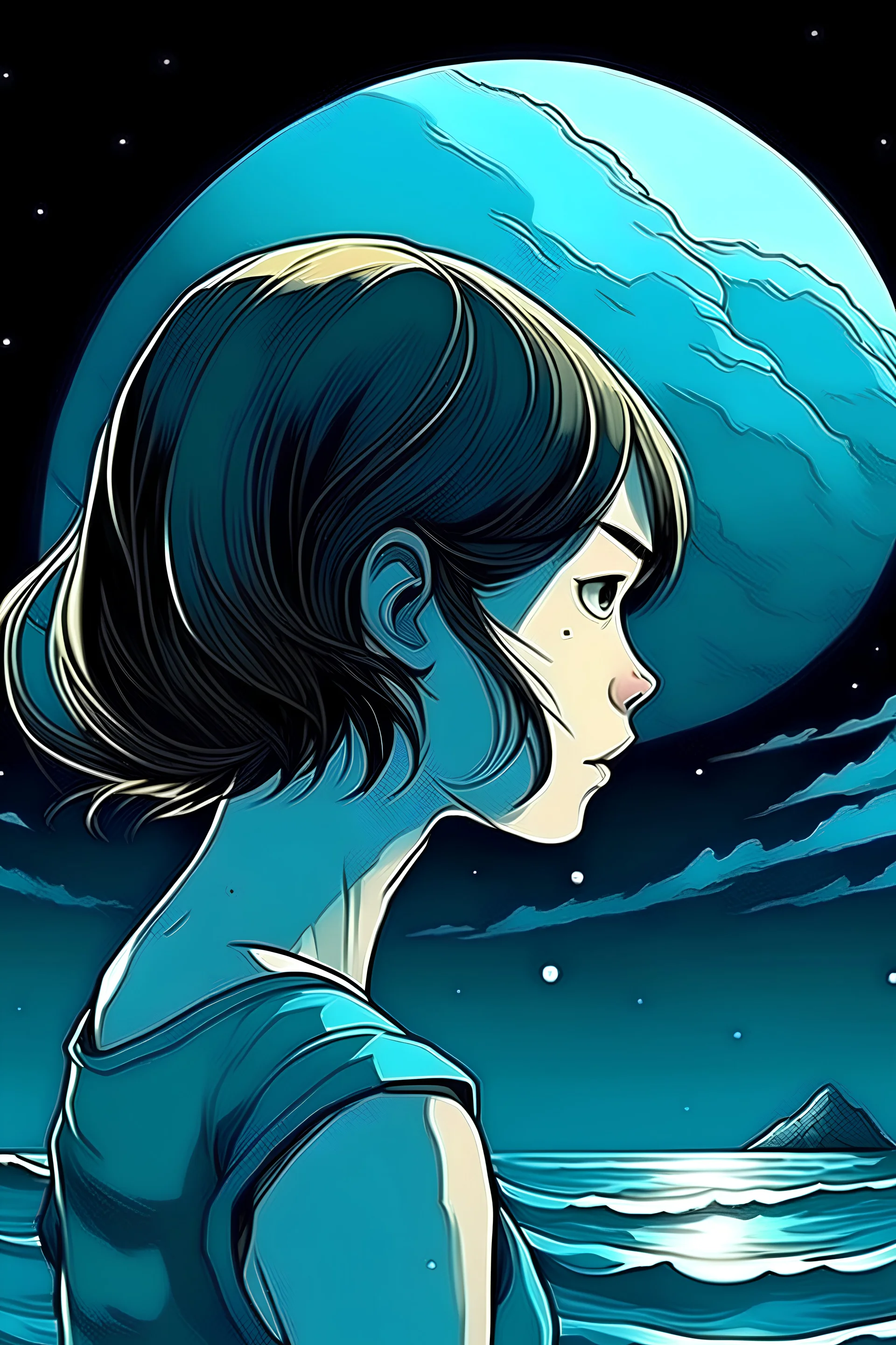 A cinematic poster a bob-haircut comic style girl profile emerge of the the ocean under moon night