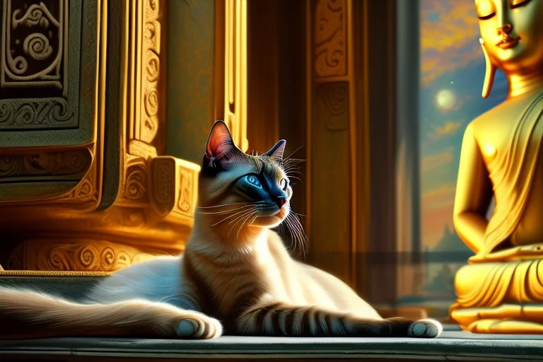 Elegant feline (Siamese cat) laying on Buddha statues lap, observing Thailand, painting impressionism, beautiful, artistic detailed Modifiers: elegant illustration intricate oil on canvas cinematic lighting very attractive beautiful dynamic lighting fantastic view close up hyperrealistic crisp quality hdr cinematic postprocessing Thomas Kinkade Caspar David Friedrich focused Craig Rutkowski