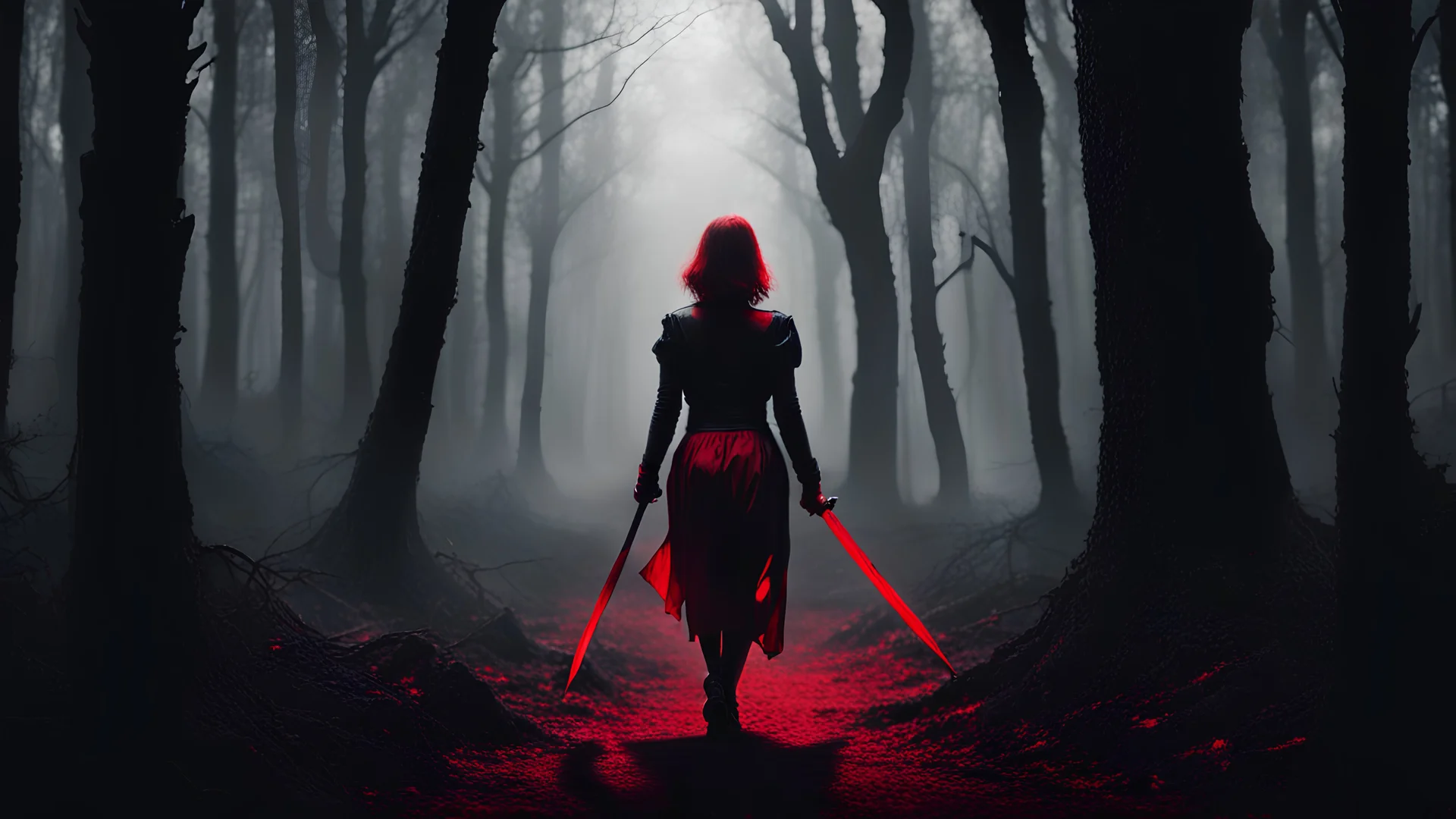 woman seen from behind, walking into a dark forest, with a dagger in hand, black and red image