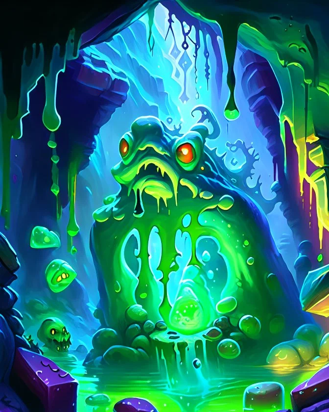 a slimy dripping gelatinous cube in vast dungeon cave room with treasure rpg art painterly