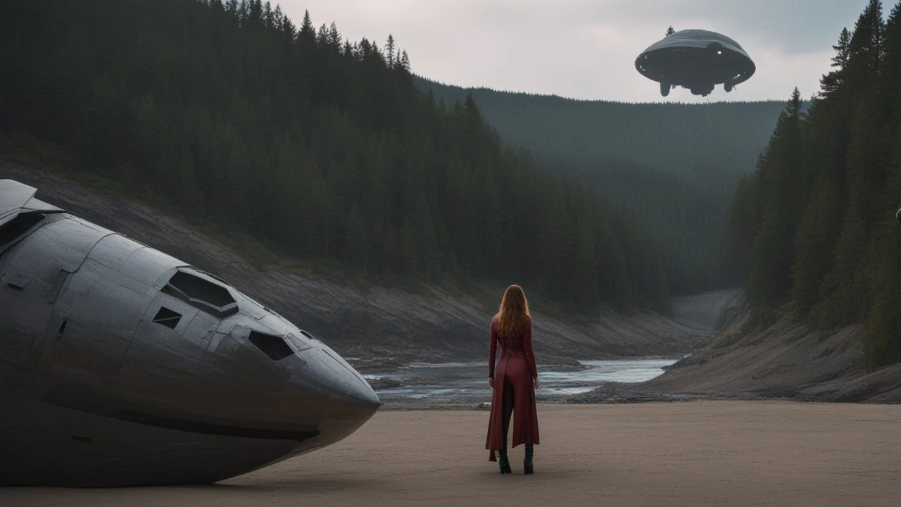 A long-haired woman in a catsuit standing on a beach of a rocky landscape with a crashed spaceship in the distance, with a forest beyond