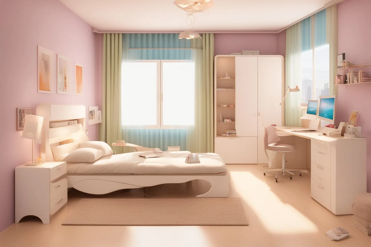 A youthful room with a PC and a bed 190 cm, 90 cm wide, and RGP side lighting model 2024