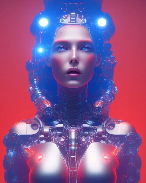 A beautiful portrait of a cyborg body women red color scheme, high key lighting, volumetric light high details psychedelic background