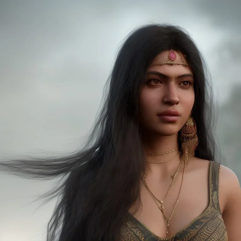 wonderful fat brazilian woman, wearing indian clothes, long black hair, 4k, many details, very realistic, fog particles,