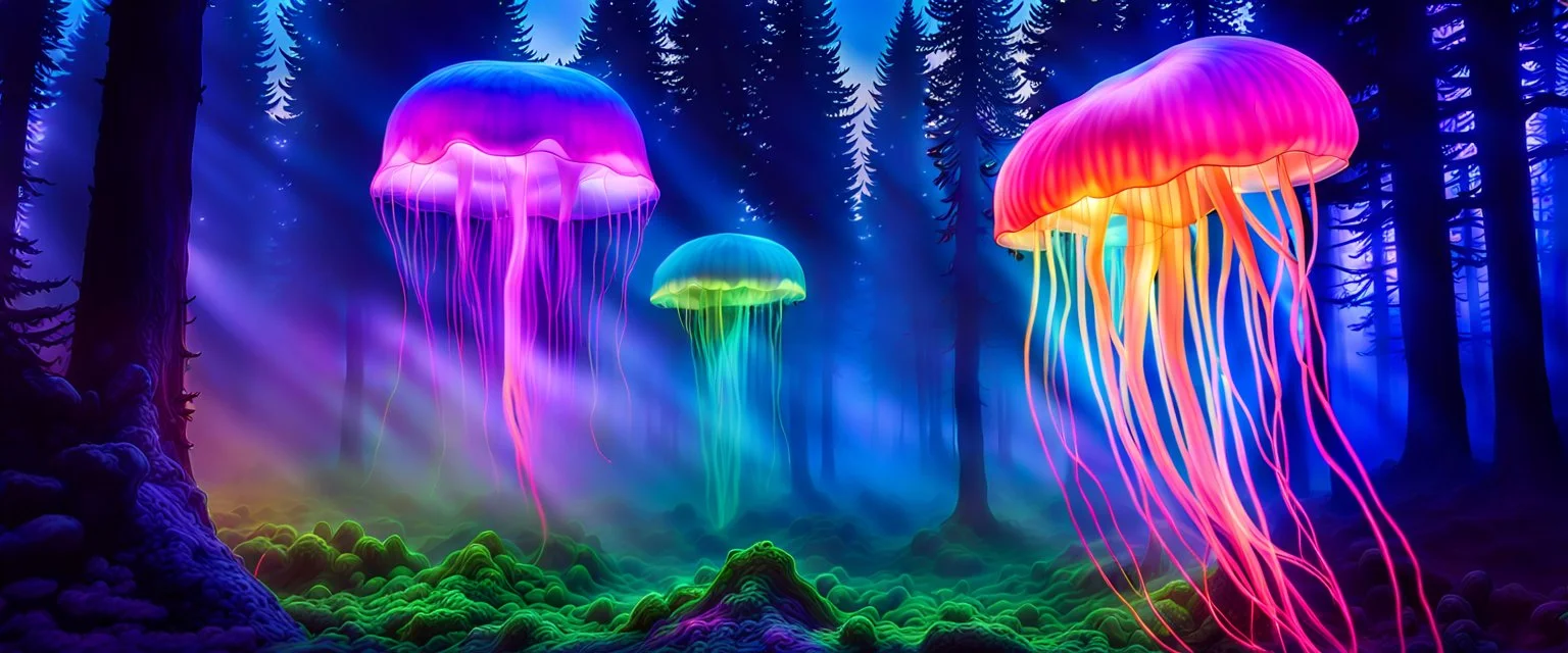 like the ocean floor, giant bio luminous Rainbow floating high, 12 long Psychedelic JellyFish, smaller jellyfish above everything, sacred geometry light floating in a forest, mist, light trails, nighttime, long exposure, Treeline, Alberta, scientist, Dystopian, Hyper detailed, Realistic, Extreme depth of field, bokeh blur, Alberta all-natural, National Geographic, in the style of candid, imperfection, natural lighting, cinematic, Fuji Film, Anamorphic lens, 2040s, --ar 4:5 --w 150 --style raw