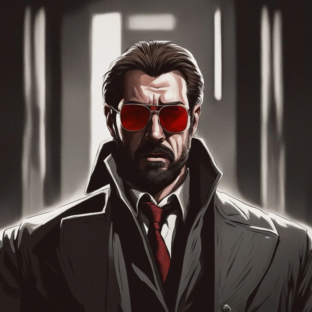 a young man with big muscles who looks like hans gruber wearing a heavy coat and red sunglasses staring with a disgusted look on his face