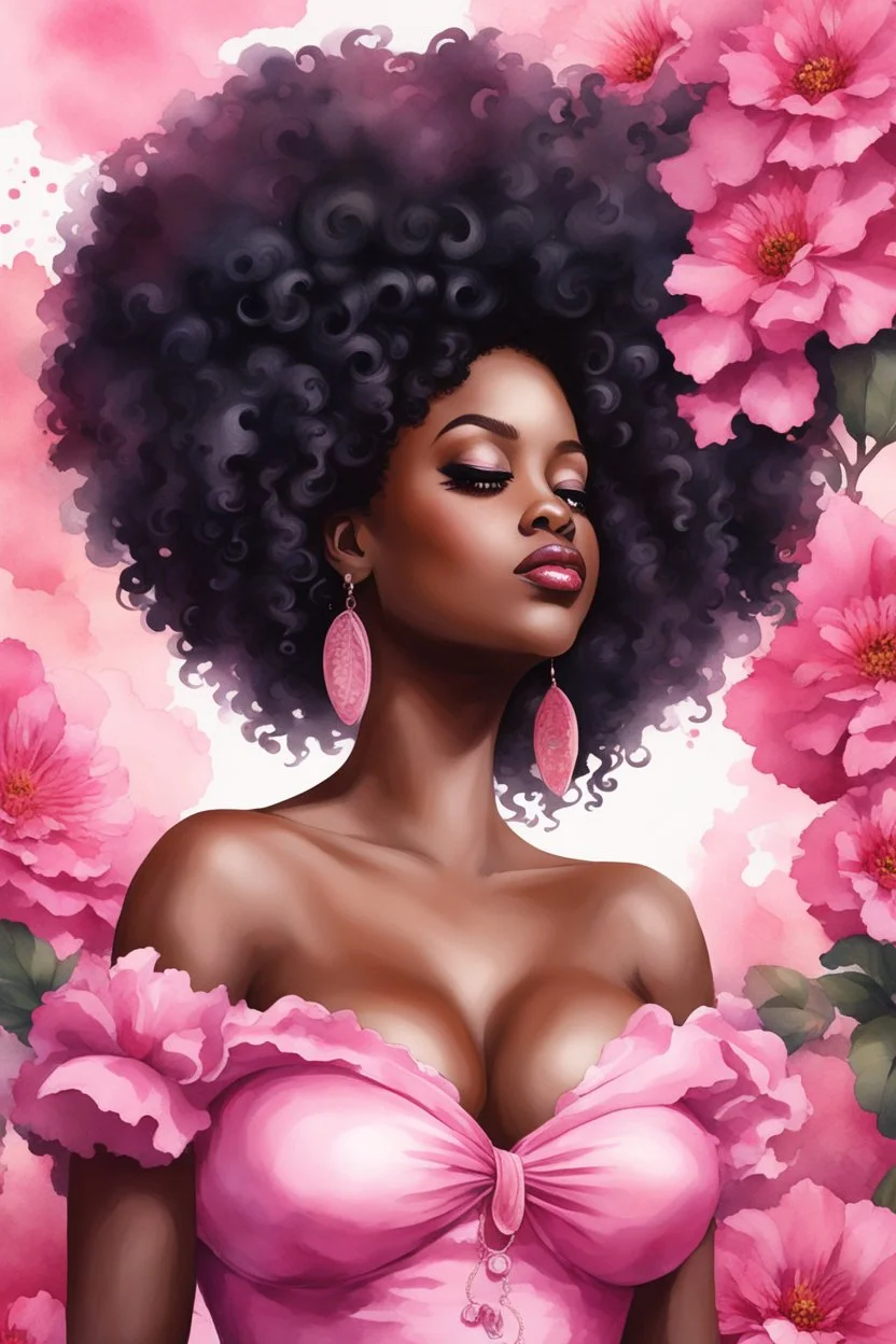 Create an watercolor image of a curvy black female wearing a pink off the shoulder blouse and she is looking down with Prominent makeup. Highly detailed tightly curly black afro. Background of large pink and black flowers surrounding her