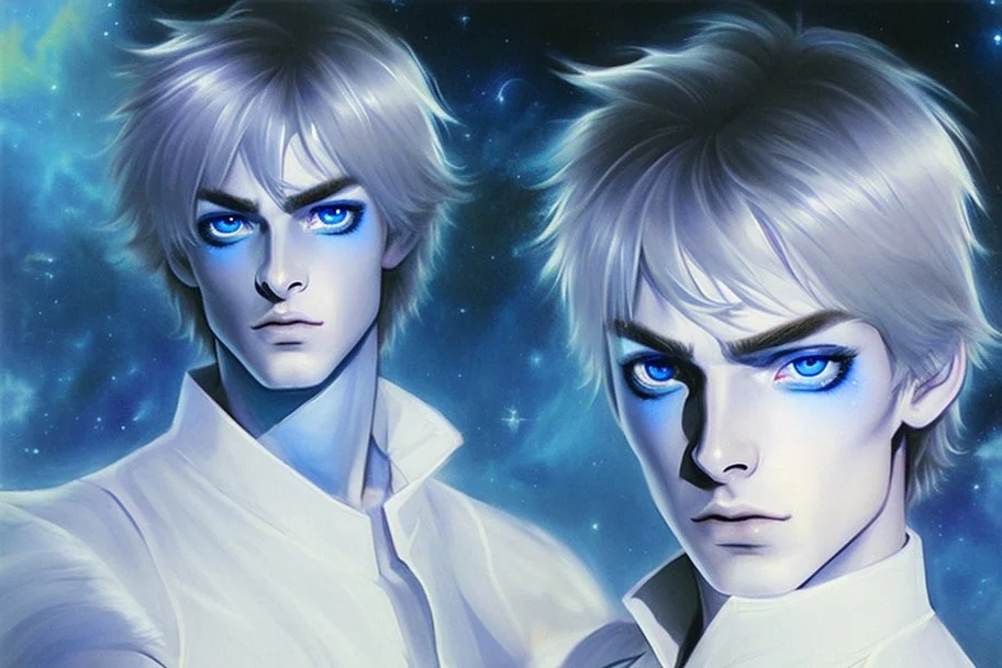 beauty cosmic warrior men with big blu eyes with white galattic clothes