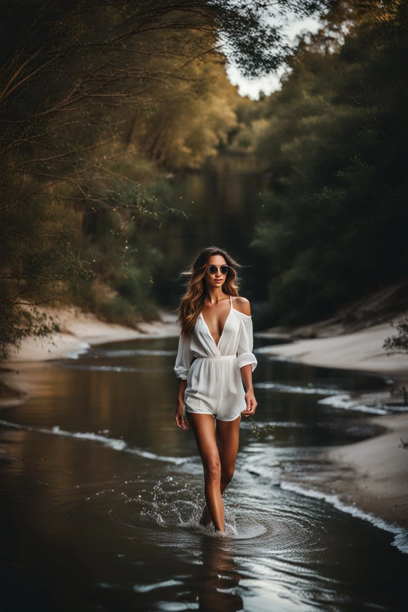 beautiful girl walking toward camera in trees next to wavy river with clear water and nice sands in floor.camera capture from her full body front