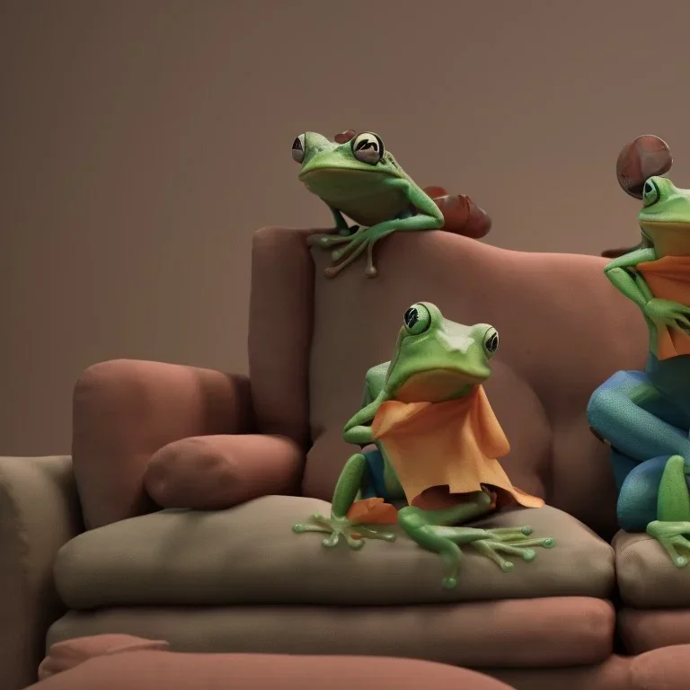 Two frogs sitting on the sofa in the living room and PS4 consoles in their hands,fantasy,4K,8K,16K