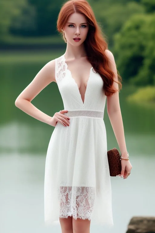 full shot body of Woman portrait with fairly pale skin , green eyes, long auburn hair, and wearing a pretty lace dress . Her outfit is a sexy dress , nice sport shoes. country side ,small lake with a hose in side,