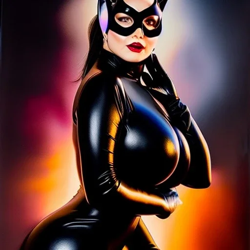 Ultra detailed fullbody Portrait in oil on canvas of beautiful busty Catwoman, wearing skintight latex suit ,extremely detailed digital painting, extremely detailed face,crystal clear Big glowing eyes, mystical colors ,perfectly centered image, perfect composition, rim light, beautiful lighting,masterpiece,8k, stunning scene, raytracing, anatomically correct, in the style of robert e howard and Ken Kelley and Ohrai Noriyoshi and Simon Bisley and tomzj1