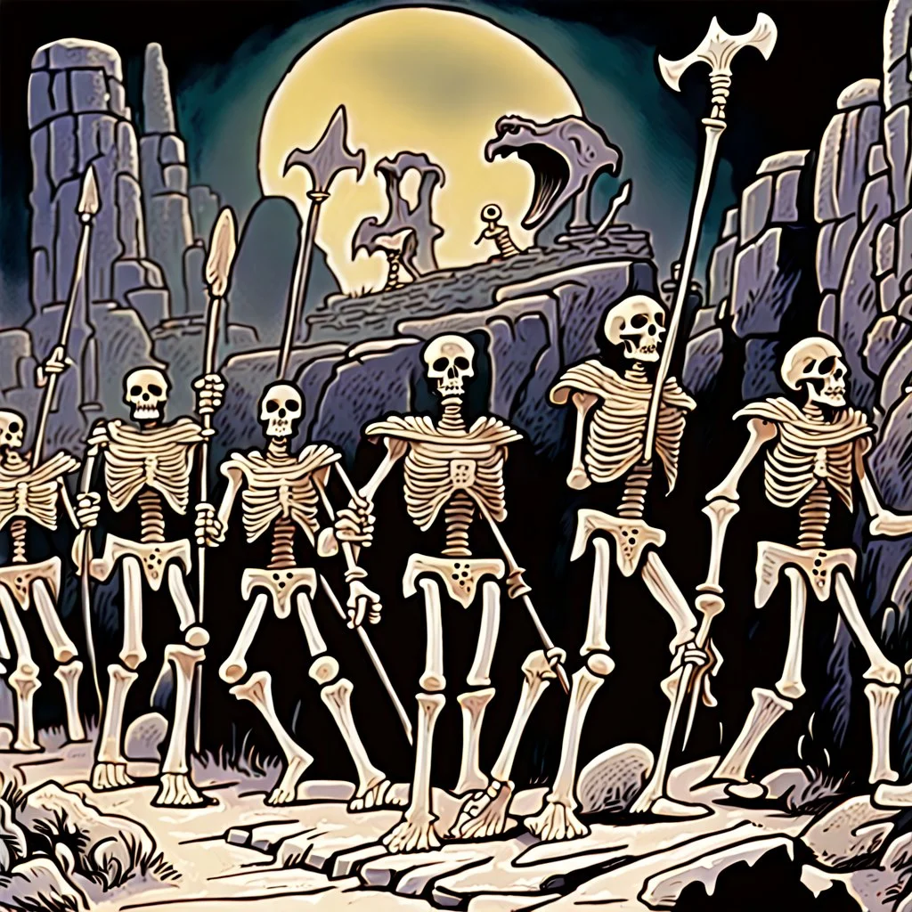 Stop motion animation, vintage animation art of an army of seven warrior skeletons from Jason and the Argonauts, ancient landscape, fantasy adventure, gothic warfare, cartoonist illustration, luminous, comic book style drawing in the style of Ray Harryhausen, Darren G. Davis, Scott Davis, airbrush 90s art, graphic novel, highly detailed, mythological fantasy, epic saga,