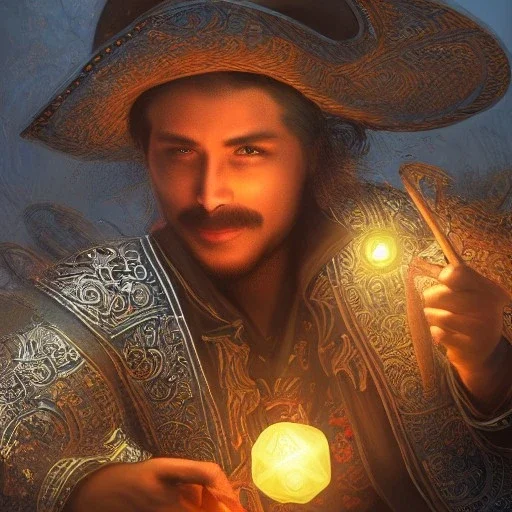 Insanely detailed photograph of an “male mariachi warrior holding glowing D20” with intricate detailed Sombrero, intricate charo, hyperdetailed painting by Ismail Inceoglu Huang Guangjian and Dan Witz CGSociety ZBrush Central fantasy art album cover art,8K, hdr, mysterious, flickeringlights ,Stoic