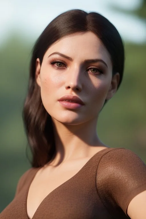 realistic, portrait and full body of a woman standing next to rocky river in country side, beautiful face with nice make up, sunlight, cinematic light, bangs, a beautiful woman, beautiful eyes, brown curved hair, perfect anatomy, very cute, princess eyes , (blue eyes) , nice sport shoes ,Centered image, stylized, life size,8k Resolution, low-cut dress with small blue details, human hands, wonder full, elegant, approaching perfection, dynamic, highly detailed, character sheet,