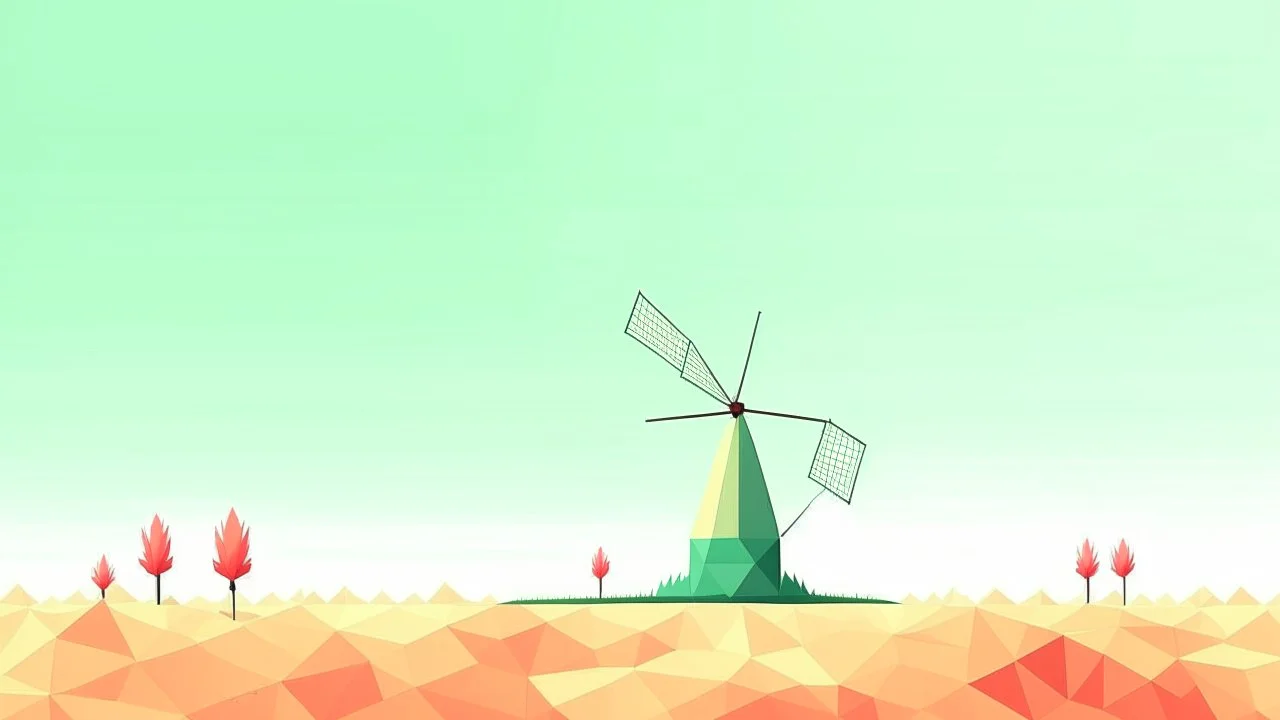 Un solitario molino tradicional sobre una colina infinita de tulipanes geométricos, cielo despejado y luz suave, reinterpretación minimalista de los Países Bajos, composición limpia, atmósfera poética y contemporánea.