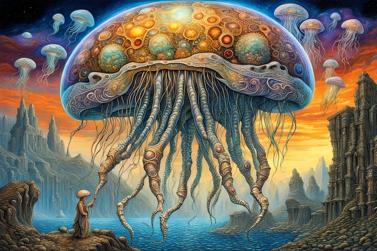 .bones. A jellyfish Cosmic robot .Fantasy, perfect anatomy, fantasy, vibrant digital art professional award winning masterpiece, oil on canvas Atmospheric extremely detailed Josephine Wall