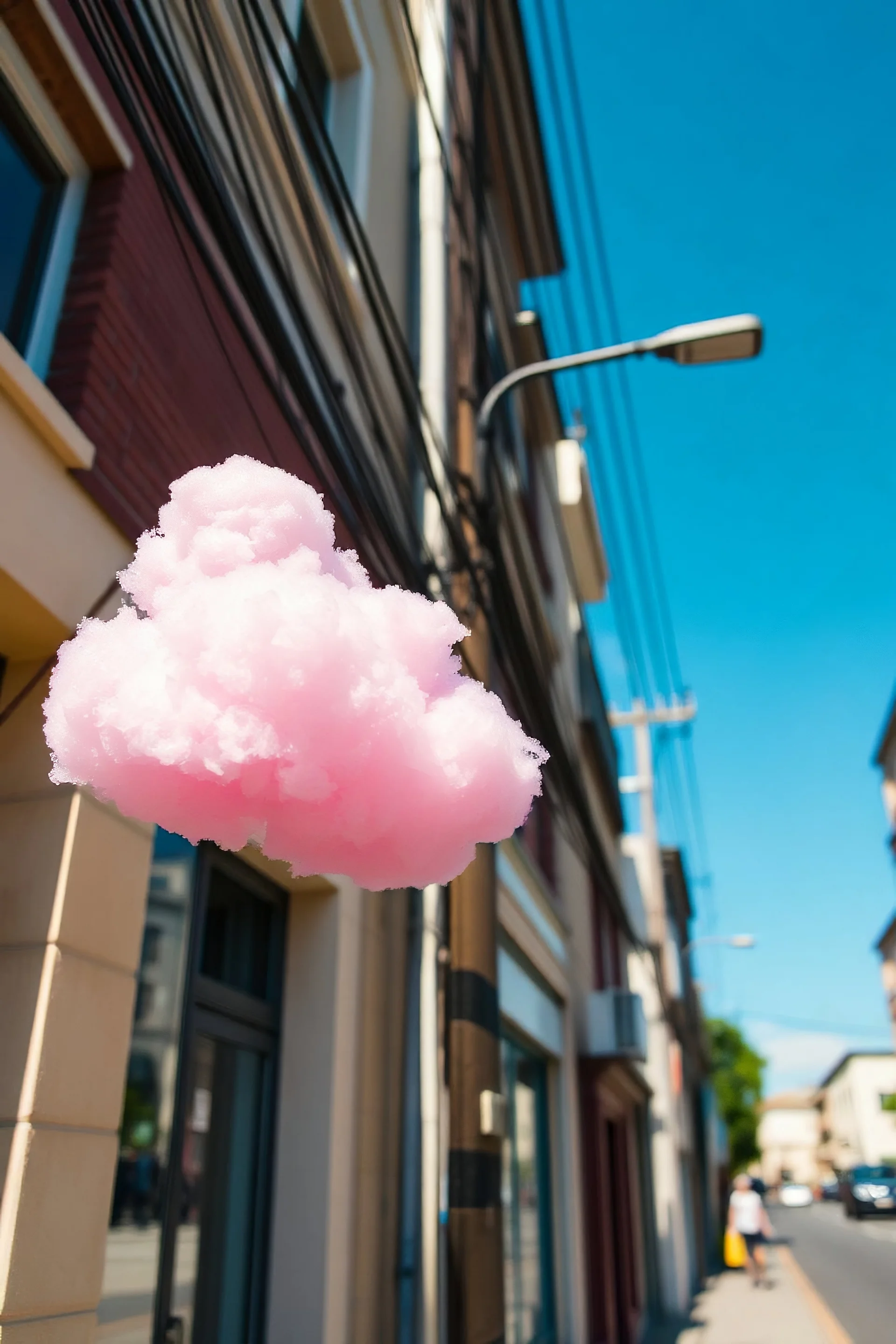 A pink plastic cloud floating in the street, sunny