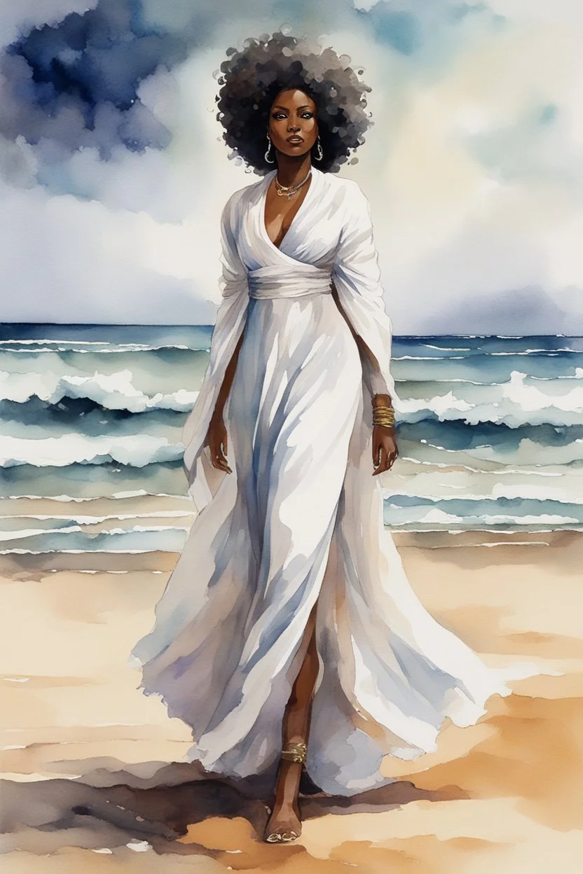 Create an urban culture watercolor painting of a beautiful thick black female wearing a soft white maxi dress and a white hair wrap. Prominent make up with lush lashes. Highly detailed tightly curly afro. Background of her walking in the sand by the ocean.