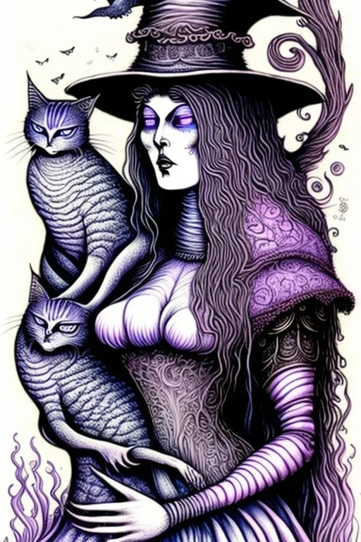 Friendly witch, playing with cats, perfect iris, ink and pencil, pastel colours, style H.G. Giger