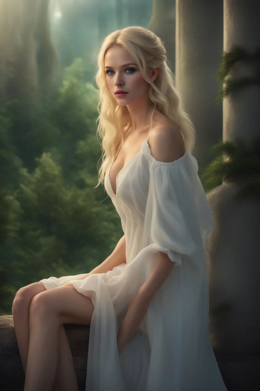 young woman small in stature Her features were soft, and her blonde hair framed her petite face.she wore was a thin white nightdress, which ended just above her knees. green/blue eyes. realistic 4k fantasy