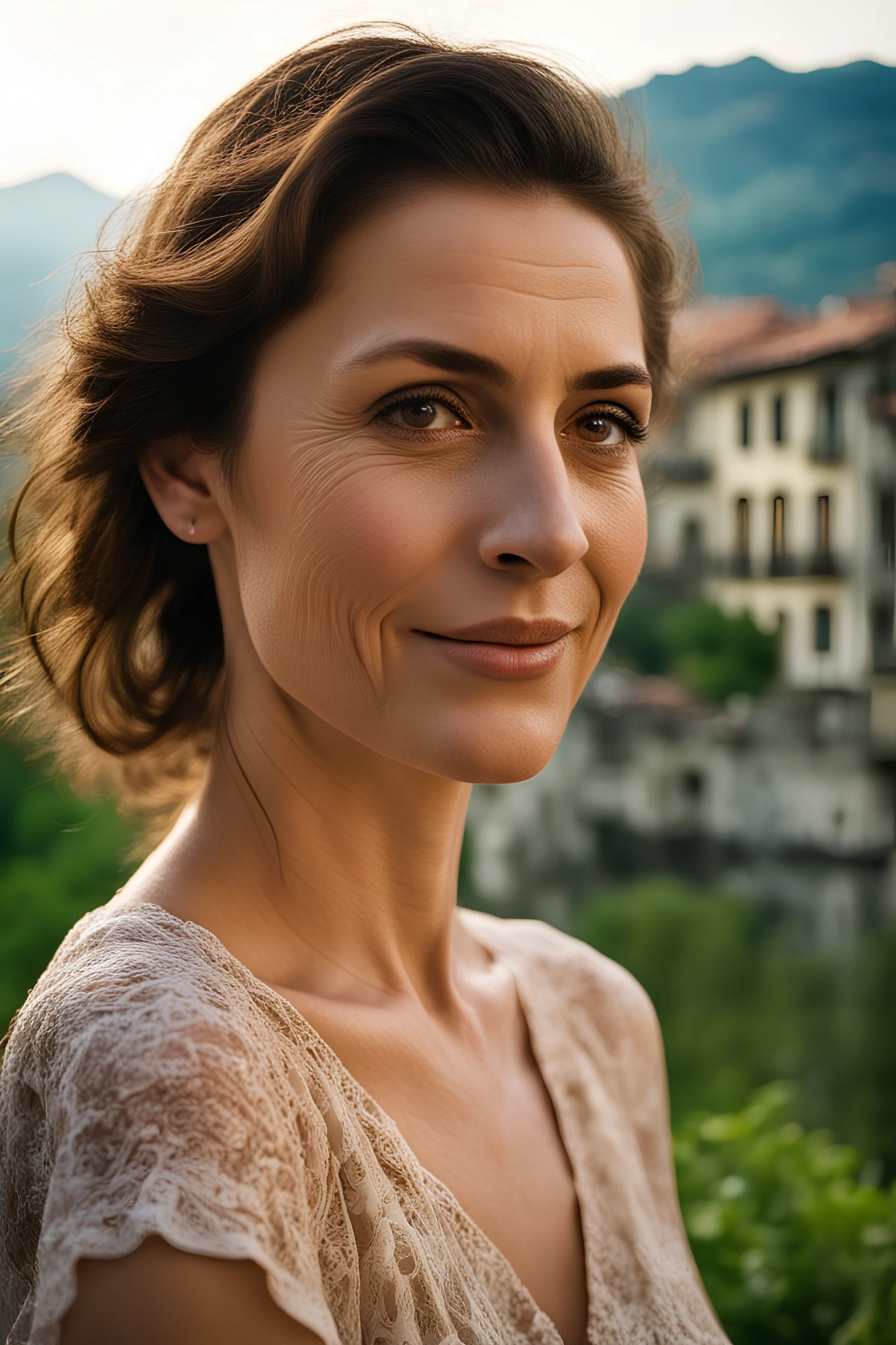 Create a realistic photograph of a small Italian town at Como Lake in late spring with a portrait of a 40-year-old, beauty, slim Polish woman with brown hair. Use a 30 mm lens and a Fuji T30 camera, mild light, warm, golden hour.