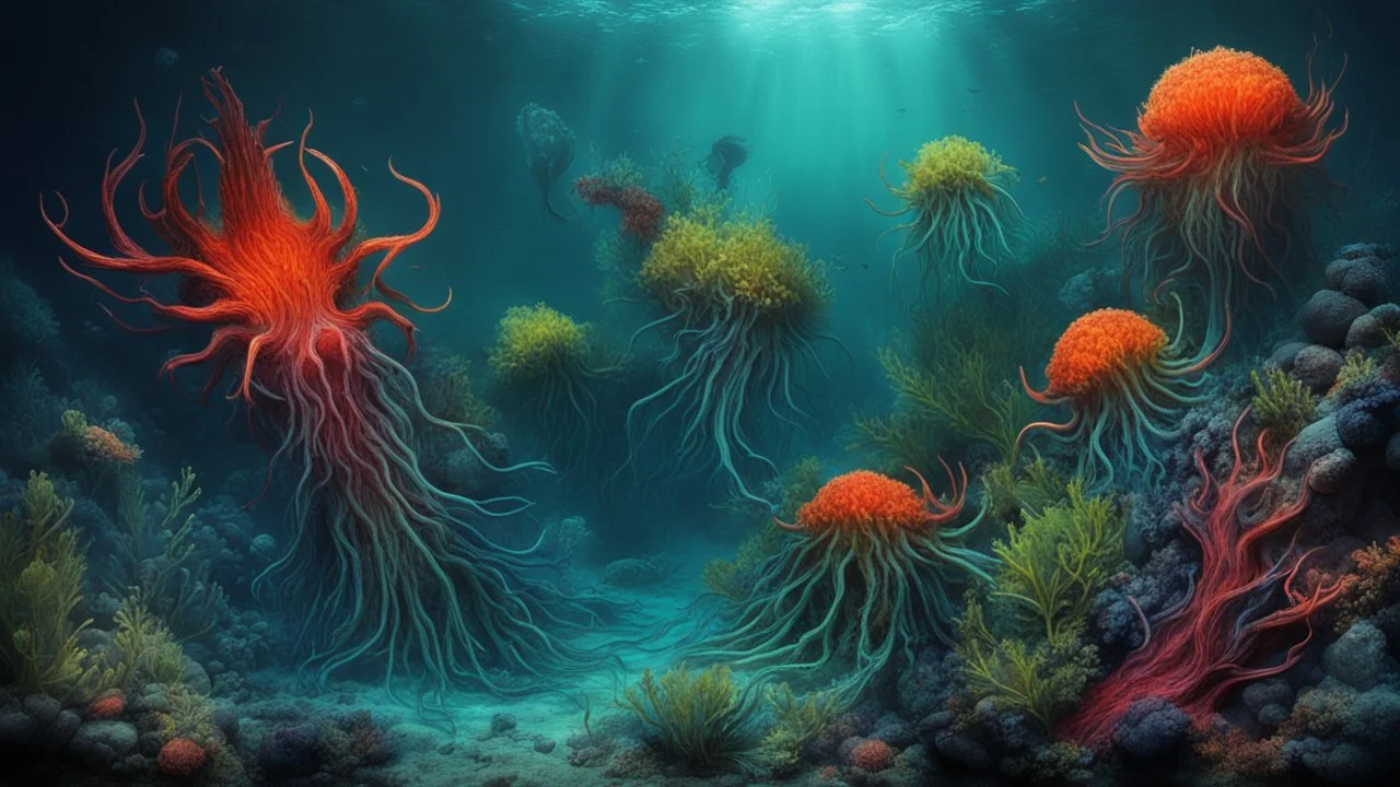 creatures, plants from subanautica from deep sea, leviathan's a lot of sea plants very deep, beautiful, river of magma, green and blue colours