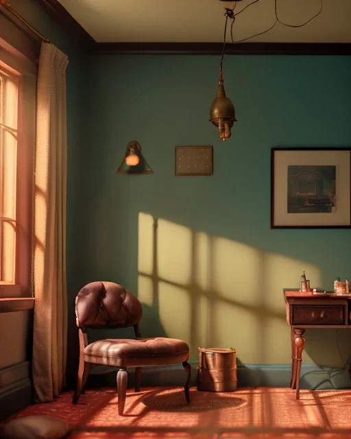 Room scene with sit woman, Wes Anderson styler, realistic photo, concept art, smooth, unreal engine 5, god lights, ray tracing, RTX, lumen lighting, ultra detail, volumetric lighting, 3d.