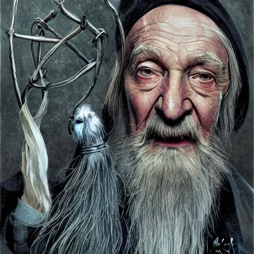 Portrait of a 90 year old warlock like Albus Dumbledore, Gandalf, Merlin, Sherlock Holmes and Mary Poppins by Jim Kay