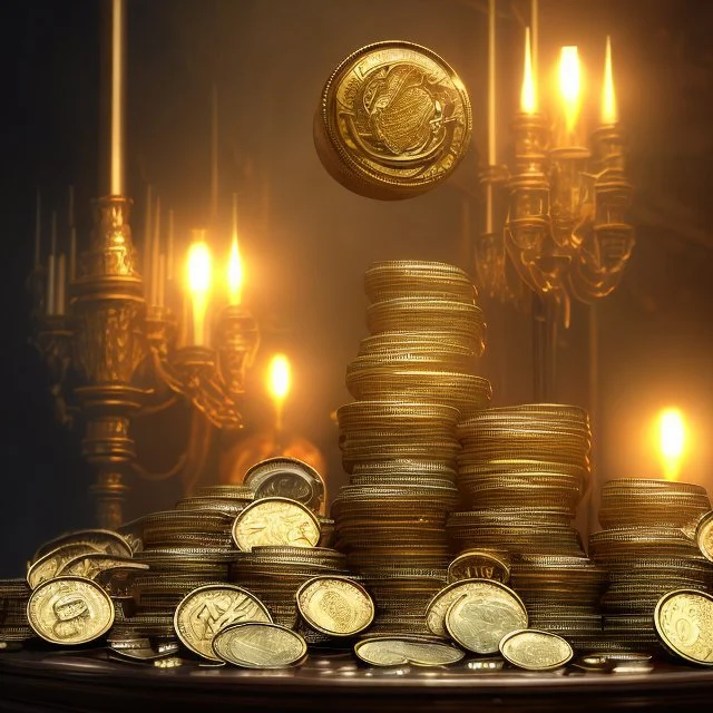 dynamic lighting, Intricately detailed, Splash screen art, deep color, Unreal Engine, volumetric lighting, silver coins, gold coins, silver bars, stacked coins, indoors, candle, altar, black table, sigil, shiny, metallic, bullion,