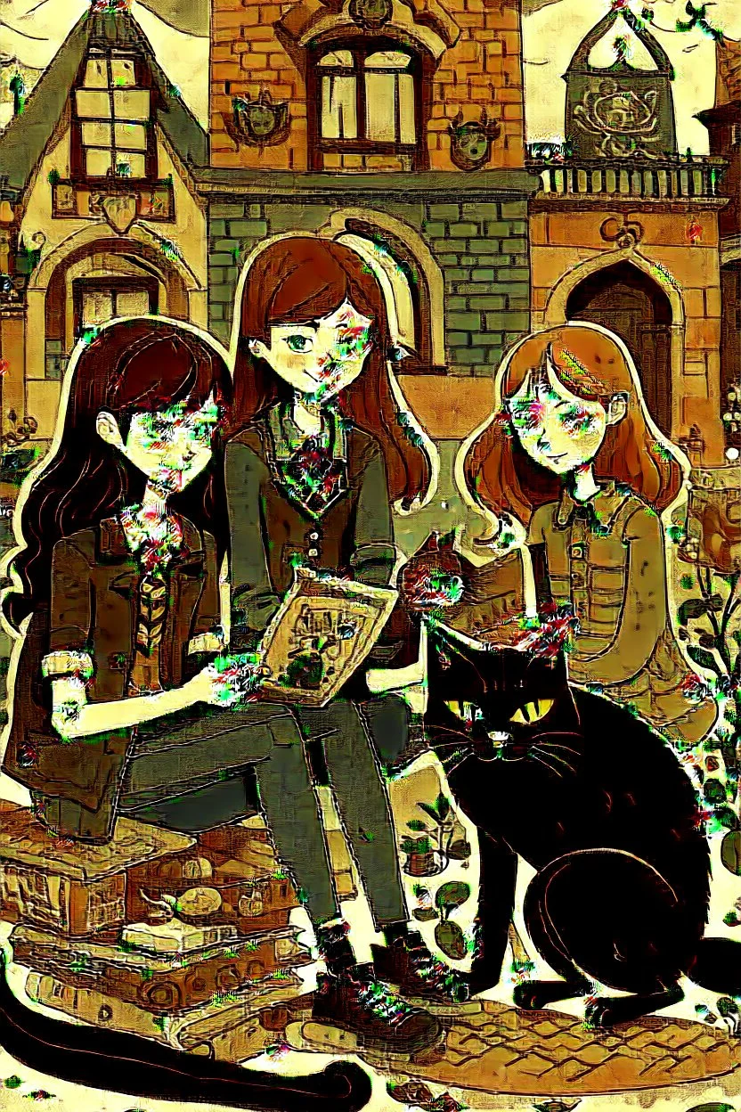 Act like a book cover designer. Use folk art style. Grimmy black cat and a group of three teenagers (13-15 years old) - two brothers with ginger hair and frickles with a brown-haired girl. Environment: old town.