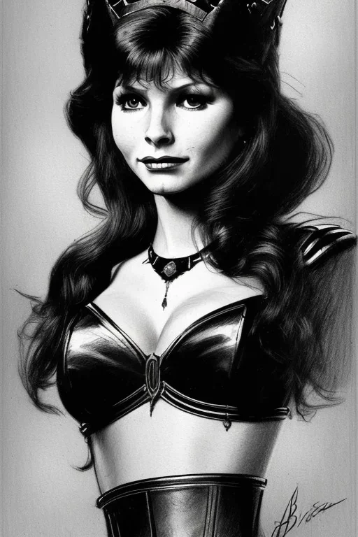 drawing of young victoria principal as evil queen in black leather, feminie, angry, stern look on her face, volouptous, busty, cleavage, emperious, mature, highly detailed, digital painting, artstation, concept art, smooth, sharp focus, illustration, art by gaston bussiere and alphonse mucha