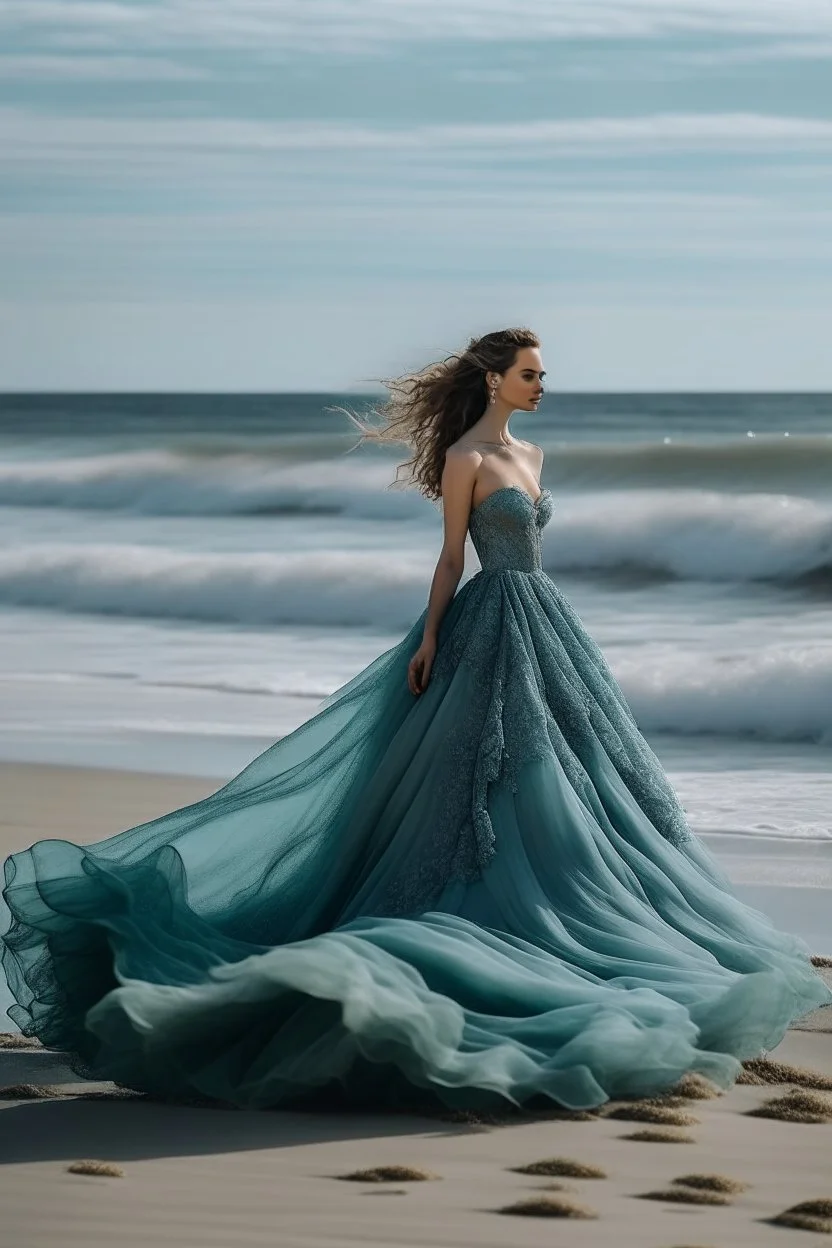 woman wearing a ball gown on the beach