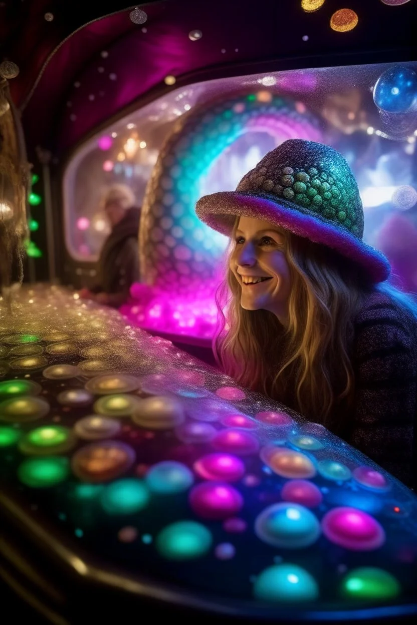 glitter snake with wolf head exiting a hippie space ship made of ice cream, smiling with beautiful shiny hair, each inside a pile of transparent jelly bubbles of weird colors, disco egg made of small mirror, light rayz, feast table ,shot on Hasselblad h6d-400c, zeiss prime lens, bokeh like f/0.8, tilt-shift lens 8k, high detail, smooth render, down-light, unreal engine, prize winning