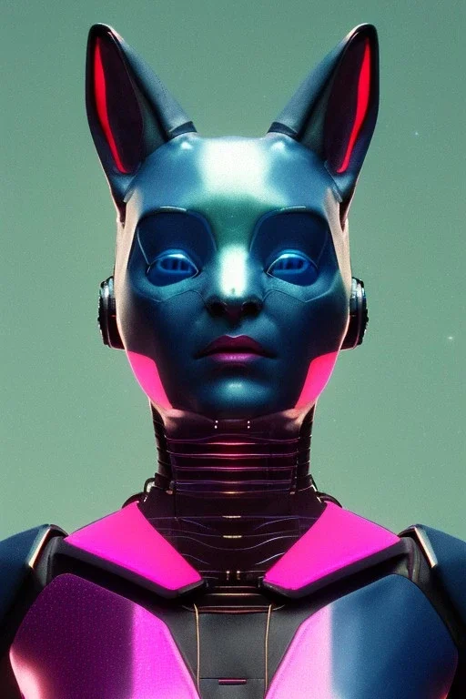 Medium Close Up Portrait, Front image. cyberpunk, rabbit mask, us woman, pink short hair. latex, glossy suit. Pink, black, blue, color. Retro futuristic style. Color background, photo studio. Avatar image, highly detailed, concept art, smooth, unreal engine 5, god rays, ray tracing, RTX, lumen lighting, ultra detail, volumetric lighting, 3d, finely drawn, high definition, high resolution.