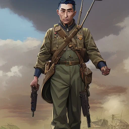 a unit composed almost exclusively of Japanese-American soldiers who heroically battled their way through the notoriously well-defended Axis frontlines during the Anzio campaign of World War II and beyond. All the action and emotion of the wartime narrative is brought to life in vivid details by comic artist Tony Moy. comic watercolor illustrations,masterpiece, best quality, colorful paint, swirling paint, Directed by Stobe Harju.