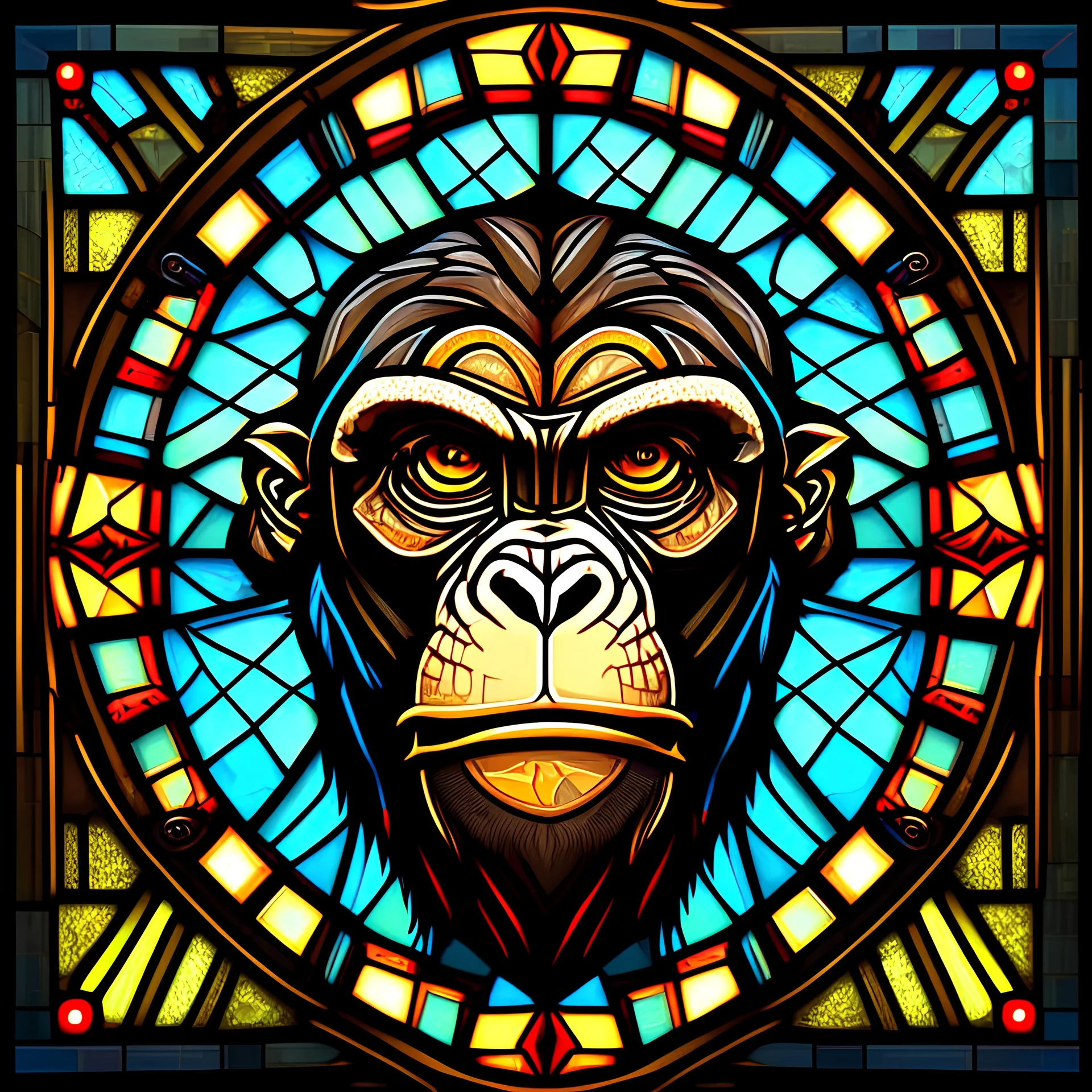 a stained glass picture of a monkey, epic legends game icon, symmetrical portrait rpg avatar, game icon stylized, intricate art deco patterns, game icon, intricate stained glass triptych, 4 k symmetrical portrait, 4k symmetrical portrait, in style of primal apes, ios app icon, stained glass art, app icon, game icon asset, dishonored