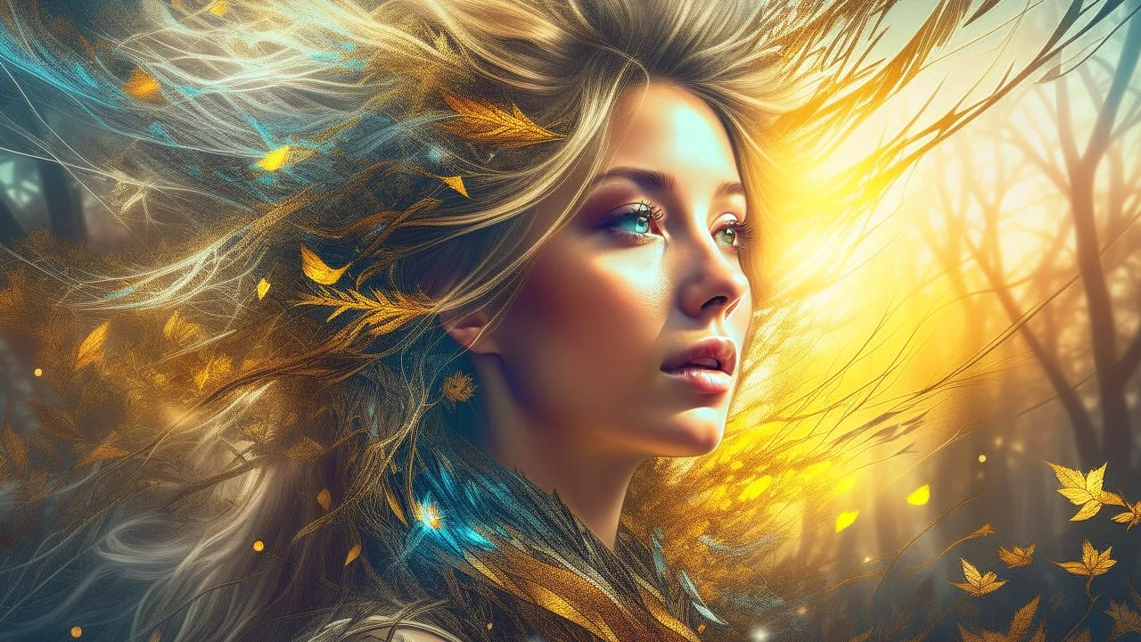 collage Portrait of a WOMAN made of magical objects, Loose hair continues in the form of branches, Double exposure, Nature, Gold and silver luminescent, fluffiness, Wind, multi-layered, Glow, Glare, Warm shades, Airiness, blending, textured, 3D, 8K, best quality, fine rendering, high detail, hyperrealism, high resolution, high definition, multi-layered, highest focus, hyper sharpness, hyperfocus,